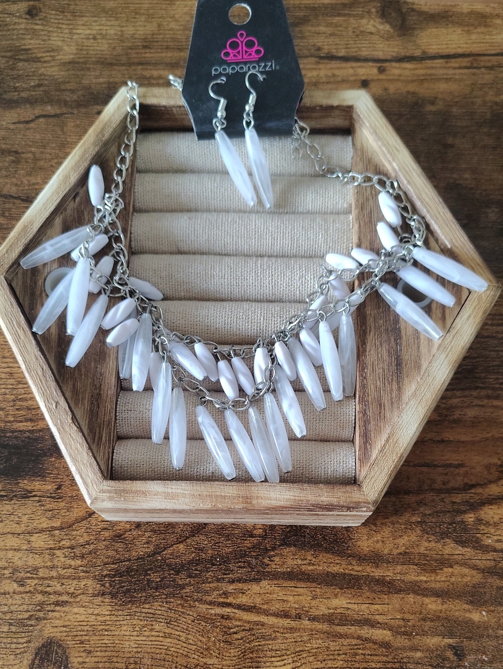 Paparazzi White Dangling Bead Fringe Necklace and Earrings Set